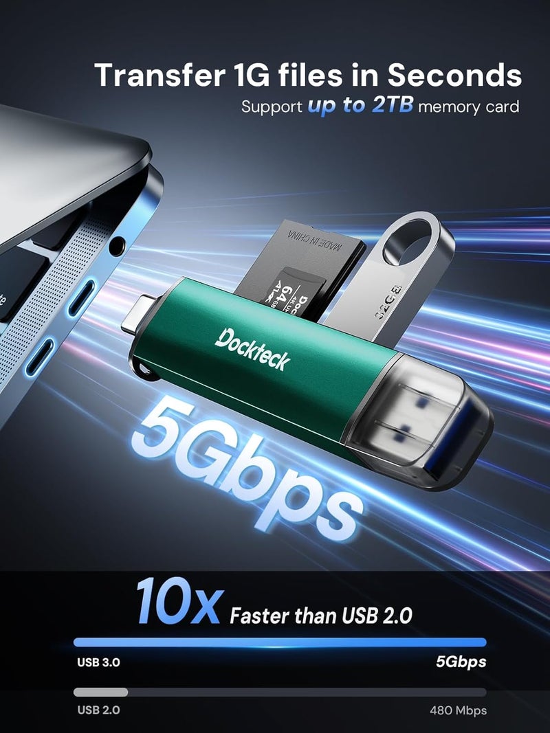 Dockteck SD Card Reader, 5G Super Speed USB3.0 SD/TF Card Reader, 3-Slot USB A/C to SD/Micro SD/USB A Memory Card Reader for UHS-I SD/Micro SD/SDHC/SDXC/MMC, Support OTG for Plug&Play,Green - Image 2